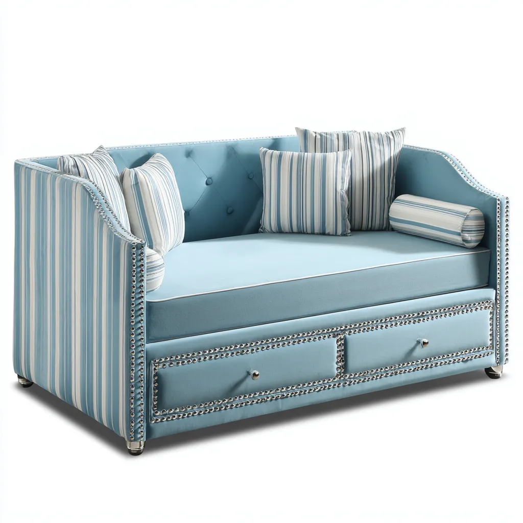 Divano letto imbottito in tessuto - 210x100x90 cm - azzurro - per camera da letto - con spazio contenitore-Frameuna