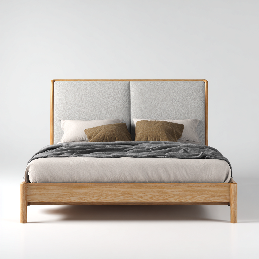 Letto matrimoniale in legno e tessuto - 210x165x115 cm - rovere chiaro - grigio chiaro - per camera da letto - design moderno-Frameuna