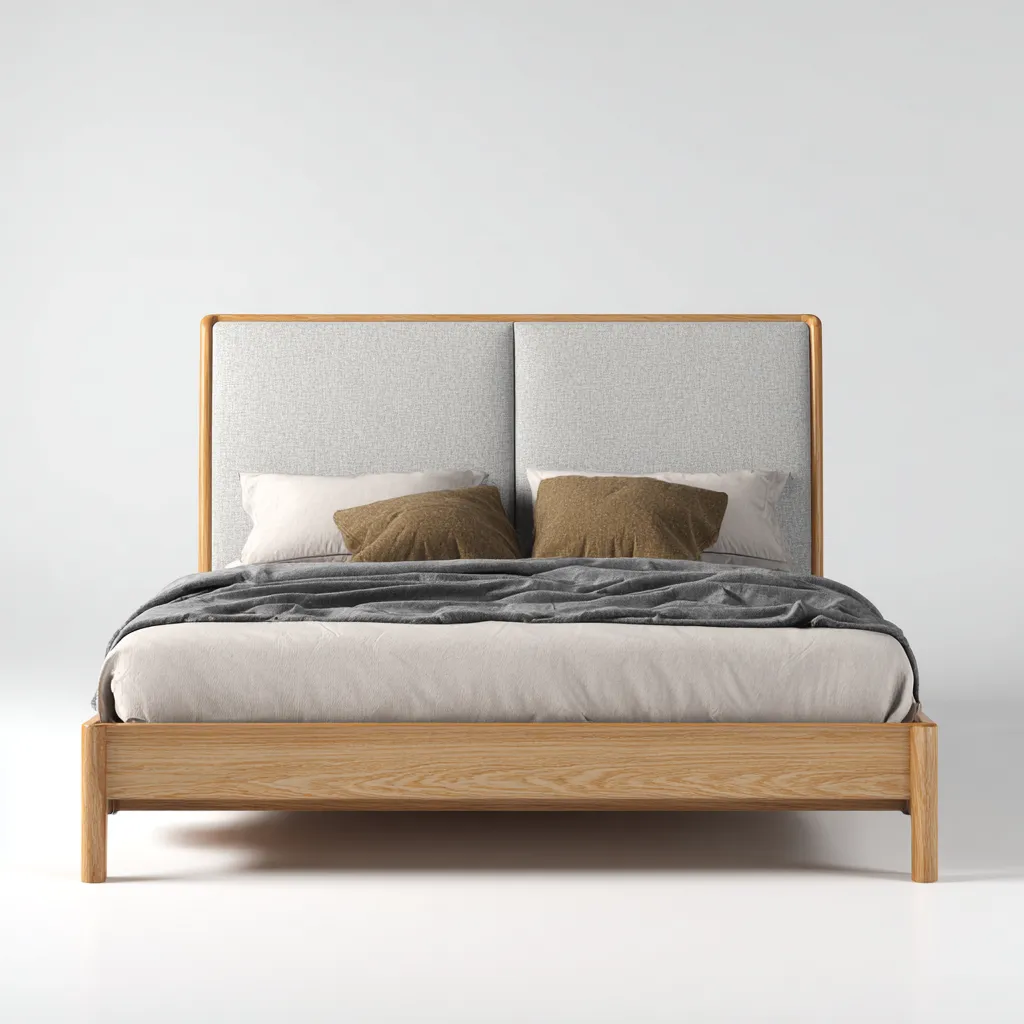 Letto matrimoniale in legno e tessuto - 210x165x115 cm - rovere chiaro - grigio chiaro - per camera da letto - design moderno-Frameuna