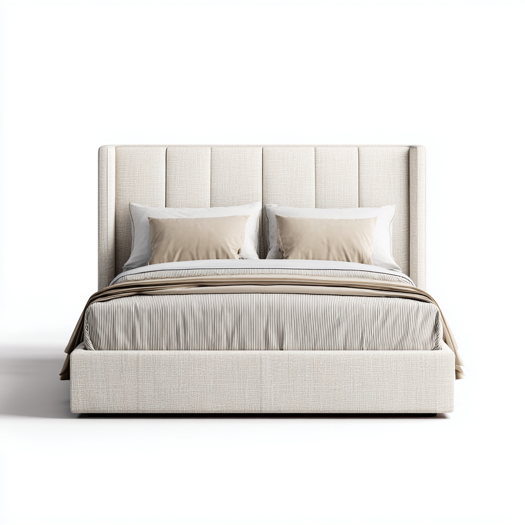 Letto matrimoniale imbottito in tessuto - 210x165x120 cm - bianco crema - per camera da letto - design moderno-Frameuna