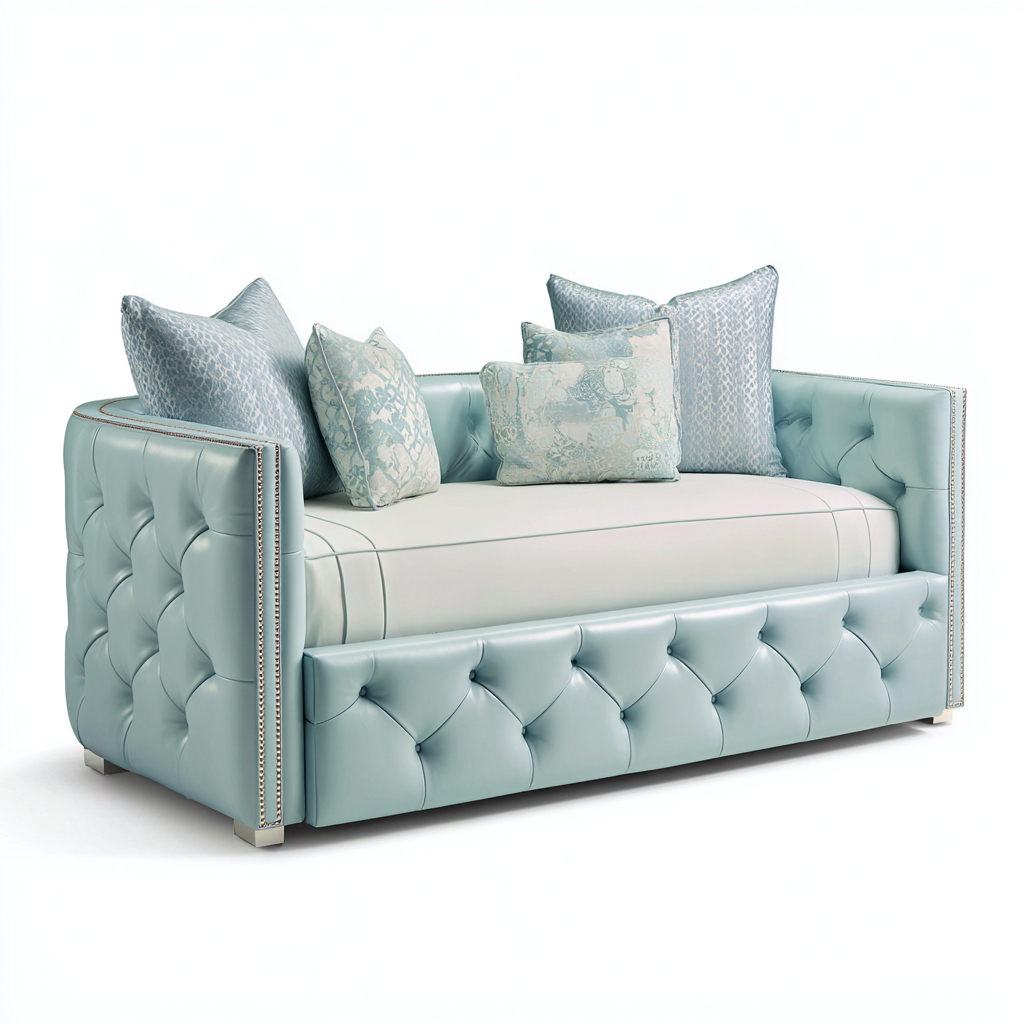 Divano letto - pelle - legno - 215x100x90 cm - azzurro chiaro - design classico - per camera da letto-Frameuna