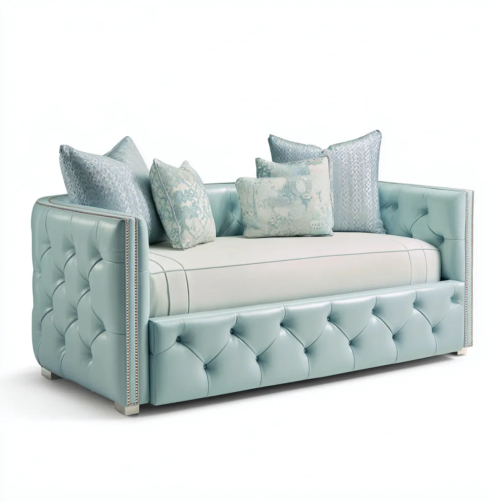 Divano letto - pelle - legno - 215x100x90 cm - azzurro chiaro - design classico - per camera da letto-Frameuna