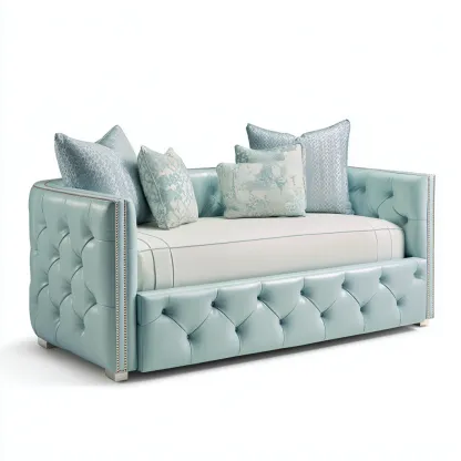 Divano letto - pelle - legno - 215x100x90 cm - azzurro chiaro - design classico - per camera da letto-Frameuna