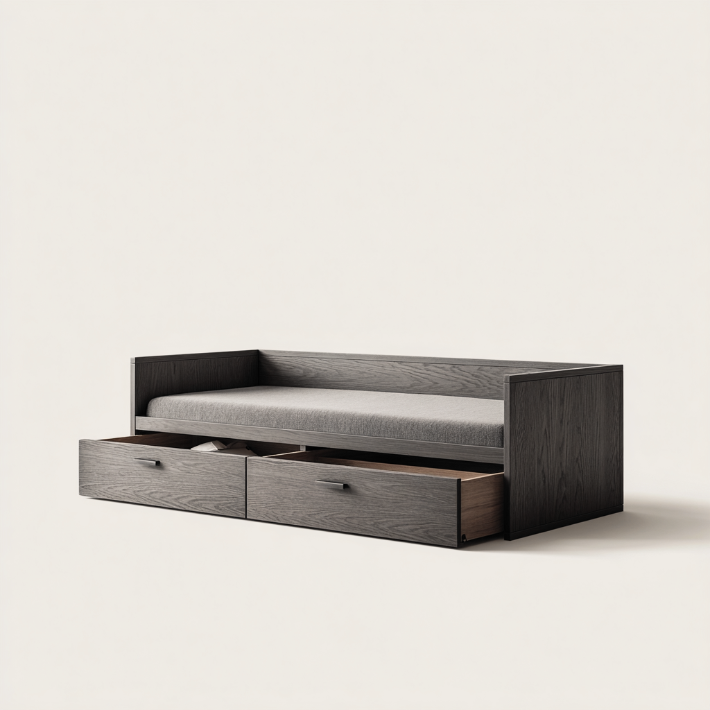 Divano letto in legno - 205x95x75 cm - grigio scuro - per camera da letto - con spazio contenitore-Frameuna