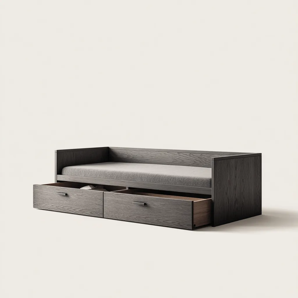 Divano letto in legno - 205x95x75 cm - grigio scuro - per camera da letto - con spazio contenitore-Frameuna
