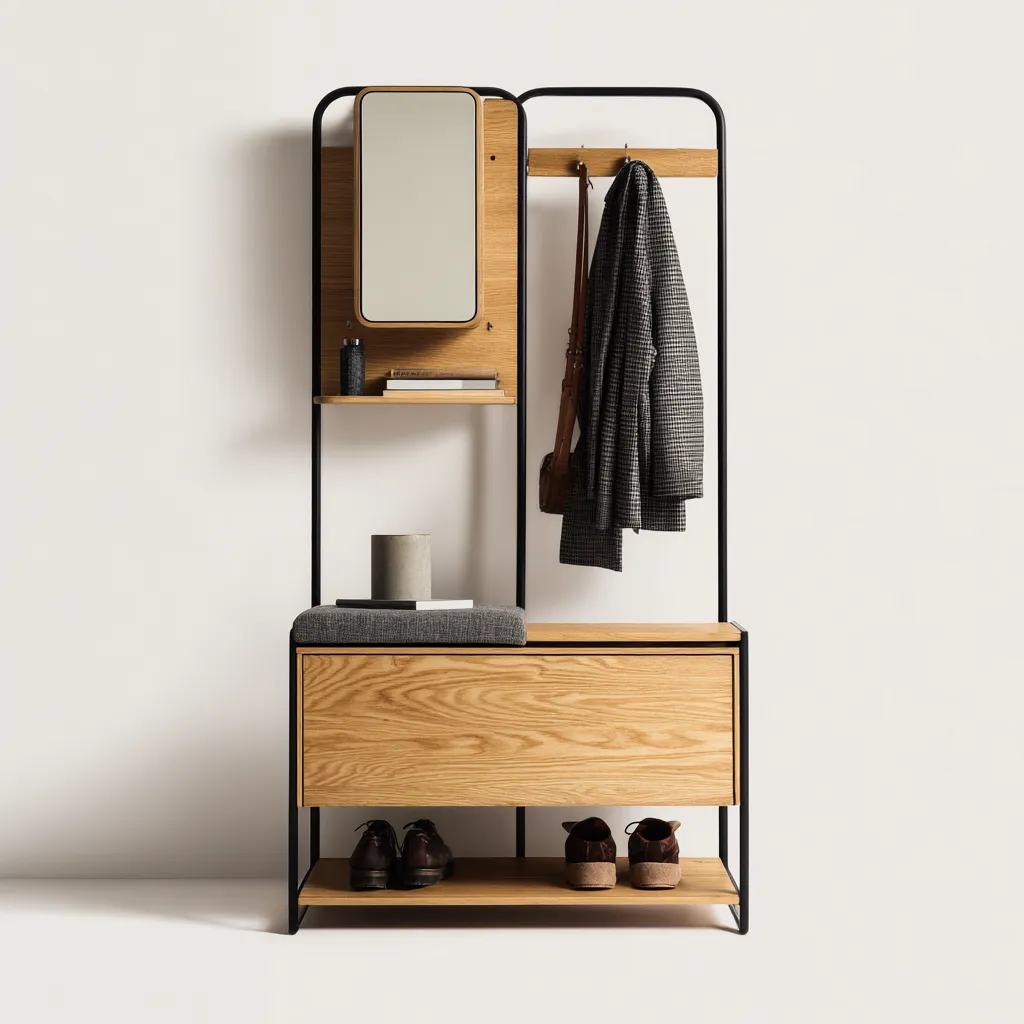 Attaccapanni metallo e legno con specchio 100x40x185 cm - rovere - nero - design moderno per ingresso-Frameuna