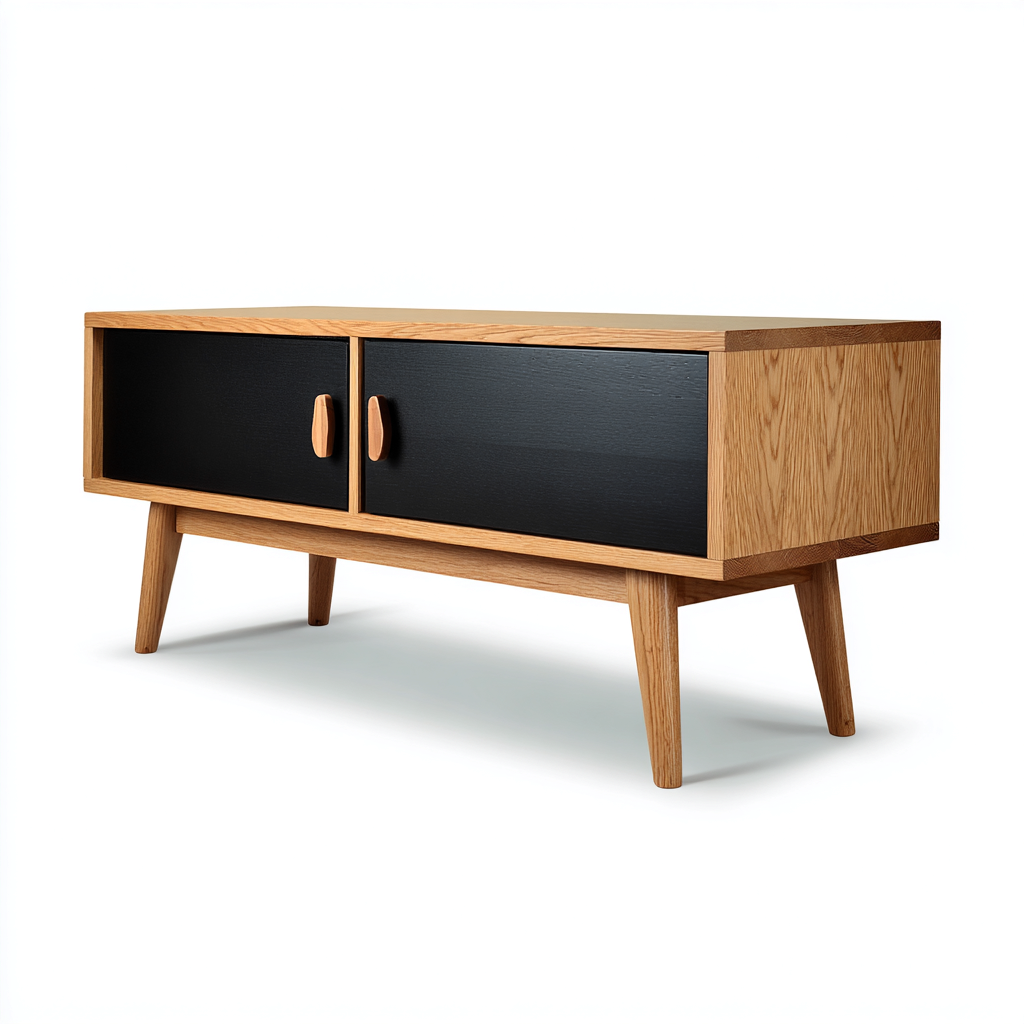 Mobile TV in legno rovere con ante nere 90x35x55 cm - nero - rovere - design nordico per soggiorno-Frameuna