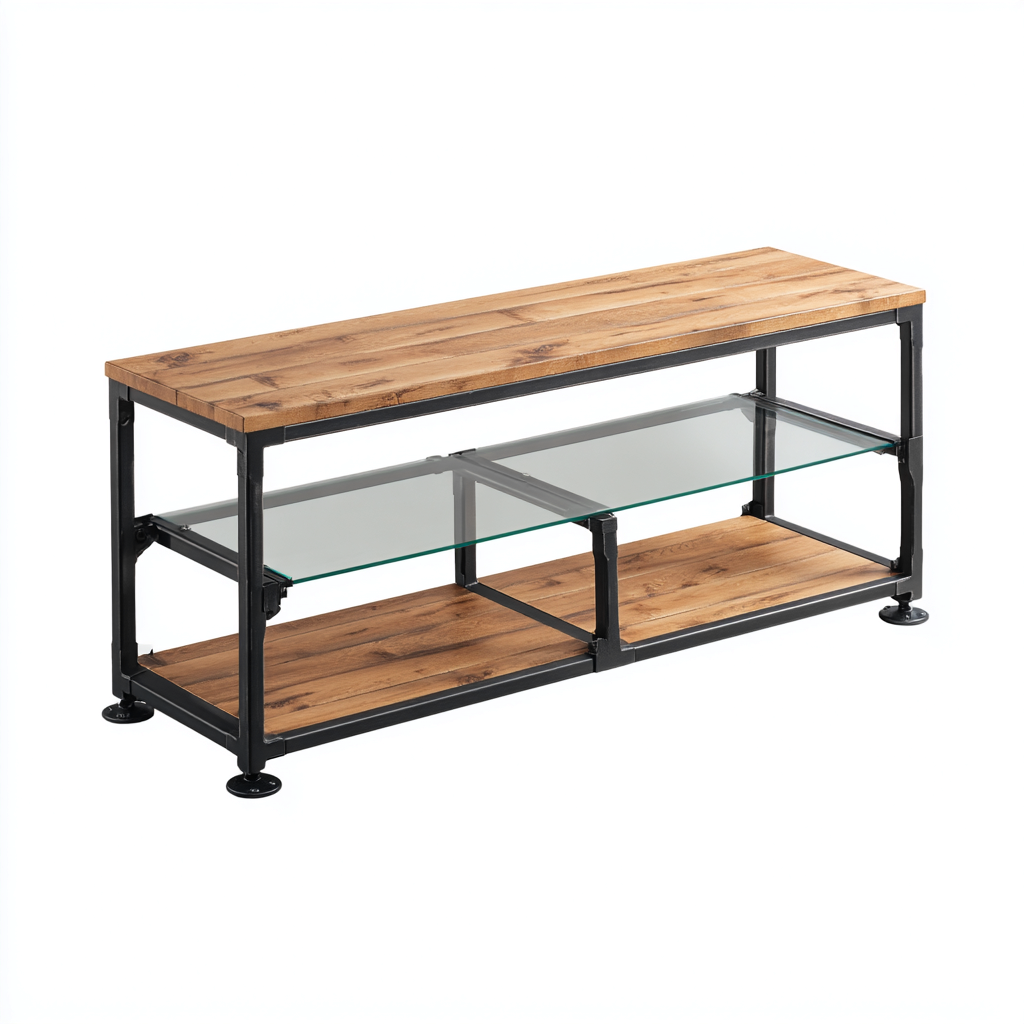 Mobile TV in legno e vetro 140x40x55 cm - marrone - nero - stile industriale per soggiorno-Frameuna