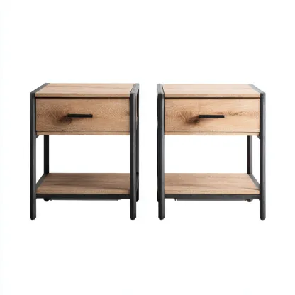 Comodino - legno - metallo - 48x38x60 cm - legno naturale - nero - design industriale - per camera da letto-Frameuna