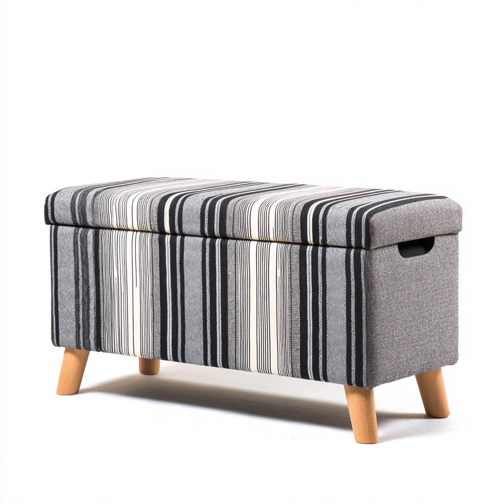 Panca da ingresso contenitore in tessuto a righe 80x40x45 cm - grigio - bianco - nero - legno - design moderno per ingresso-Frameuna