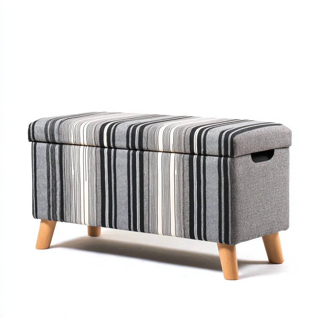 Panca da ingresso contenitore in tessuto a righe 80x40x45 cm - grigio - bianco - nero - legno - design moderno per ingresso-Frameuna