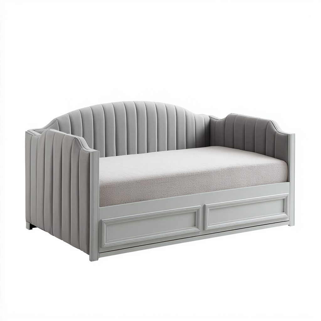 Divano letto imbottito in tessuto - 210x100x95 cm - grigio chiaro - per camera da letto - design moderno-Frameuna
