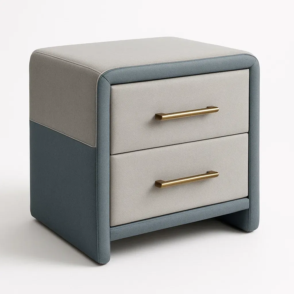 Comodino imbottito in tessuto con maniglie in metallo-Divanimo