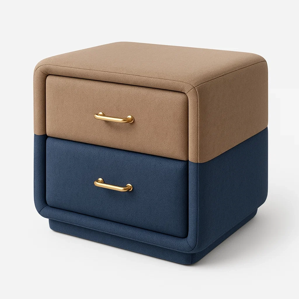 Comodino imbottito in tessuto con due cassetti e maniglie in metallo-Divanimo