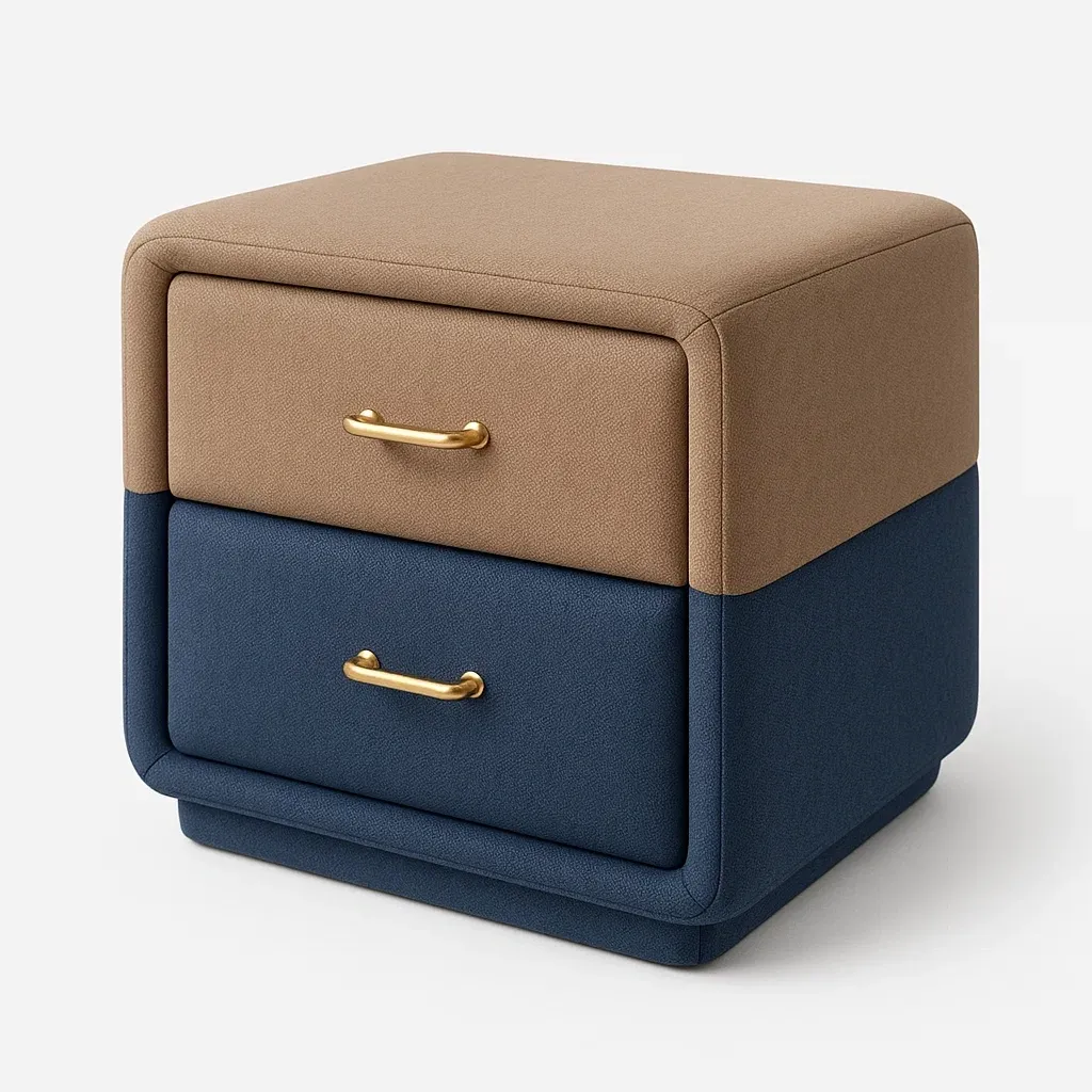 Comodino imbottito in tessuto con due cassetti e maniglie in metallo-Divanimo