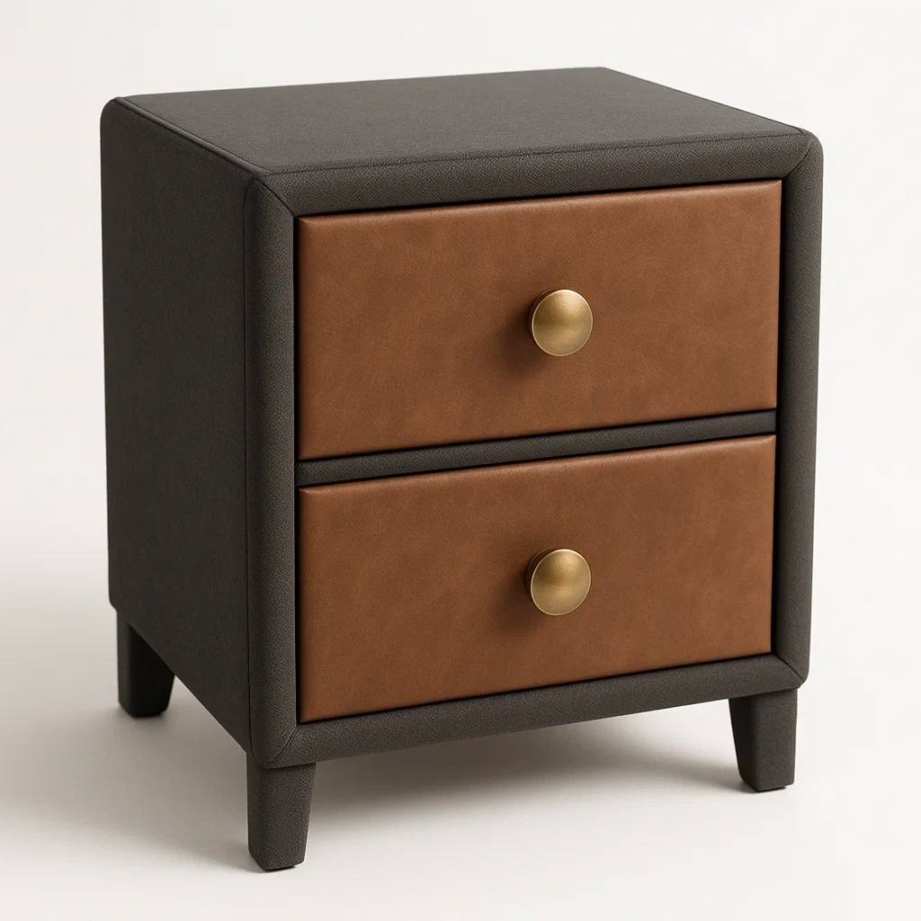 Comodino imbottito in similpelle con manopole in ottone-Divanimo