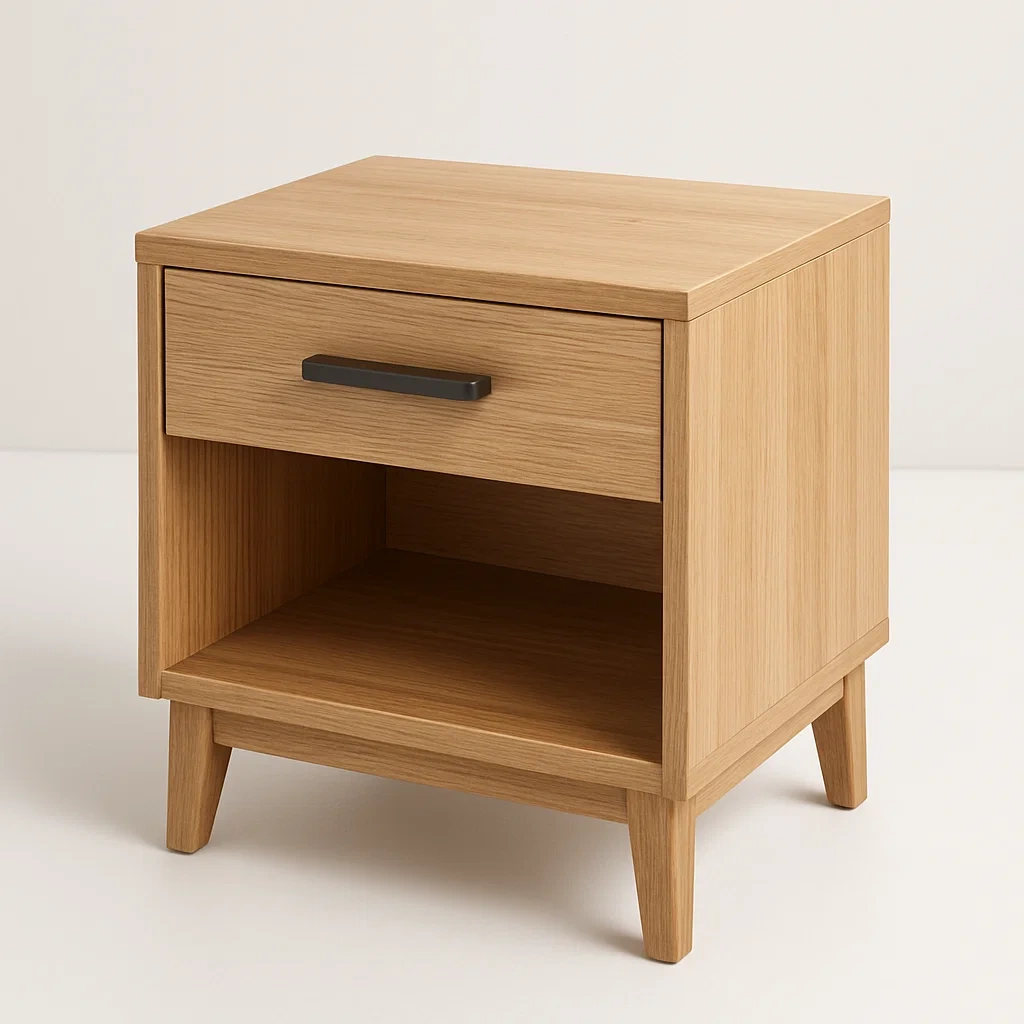 Comodino in legno con cassetto e scomparto aperto-Divanimo