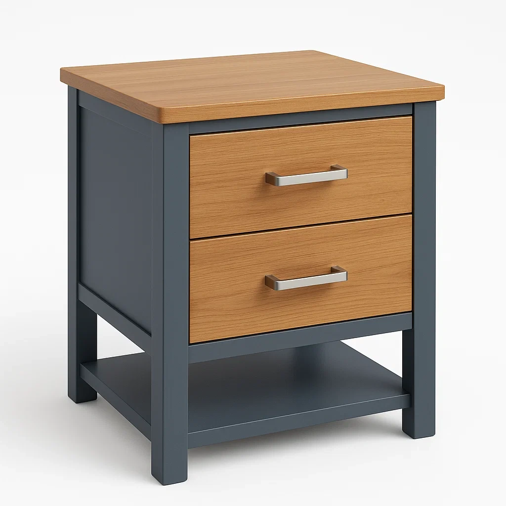 Comodino in legno con due cassetti e dettagli in metallo-Divanimo