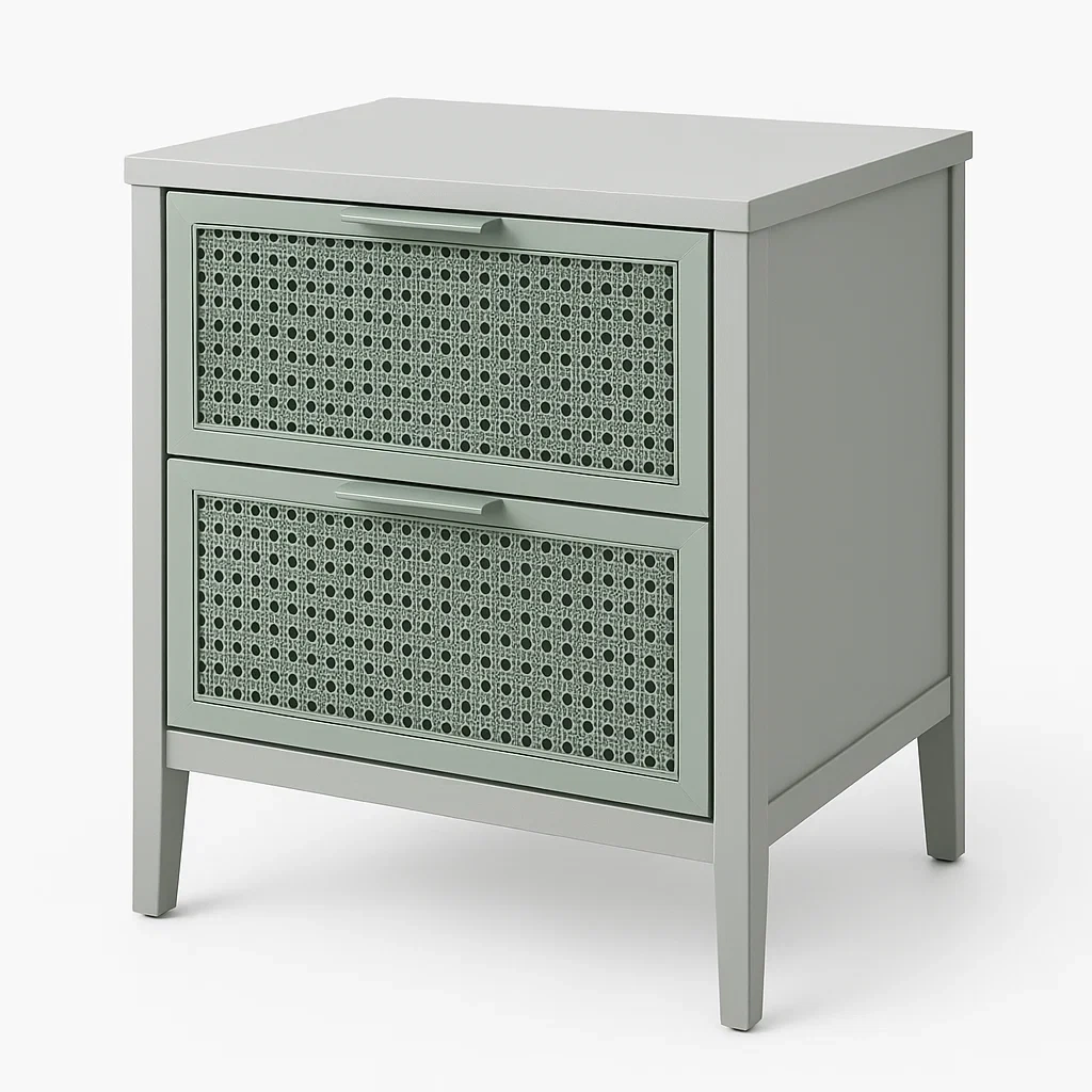 Comodino in rattan con cassetti e struttura in legno colore Verde Grigio 13 kg-Divanimo