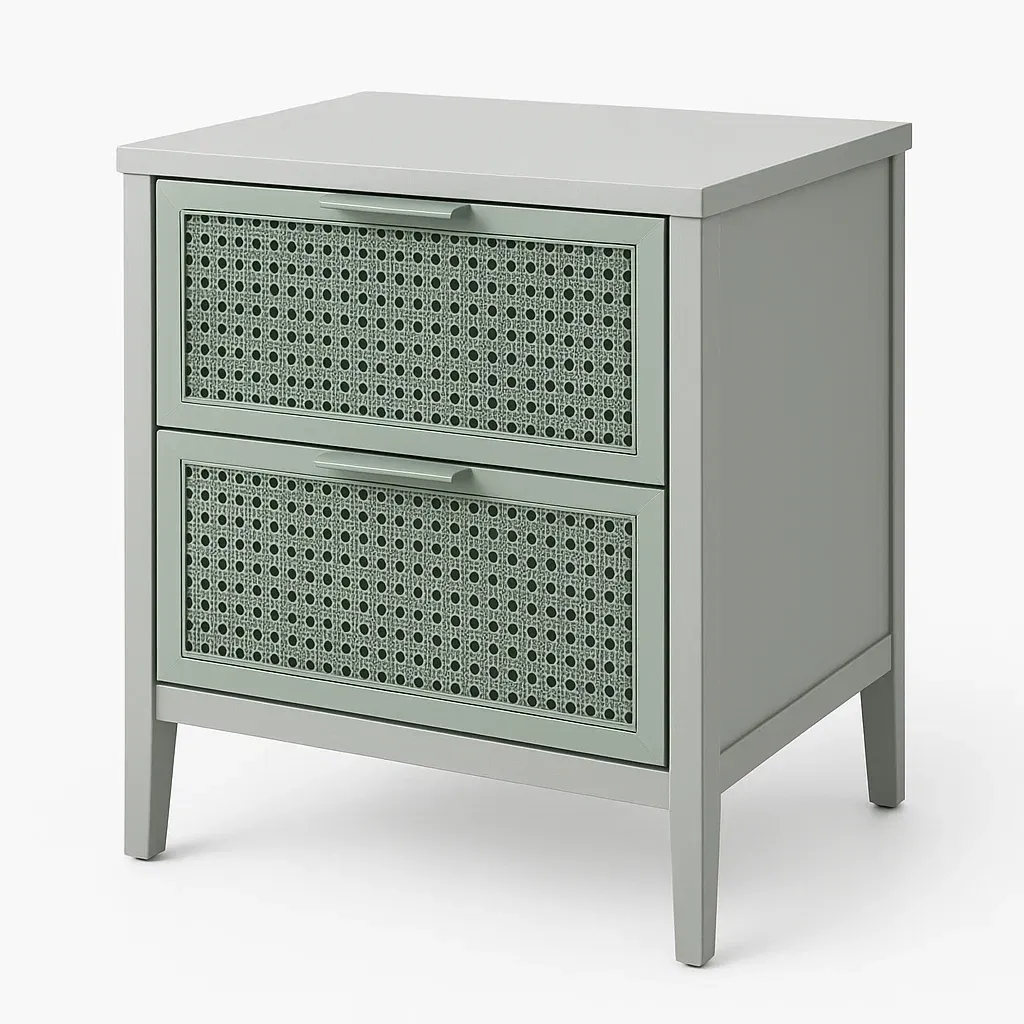 Comodino in rattan con cassetti e struttura in legno colore Verde Grigio 13 kg-Divanimo