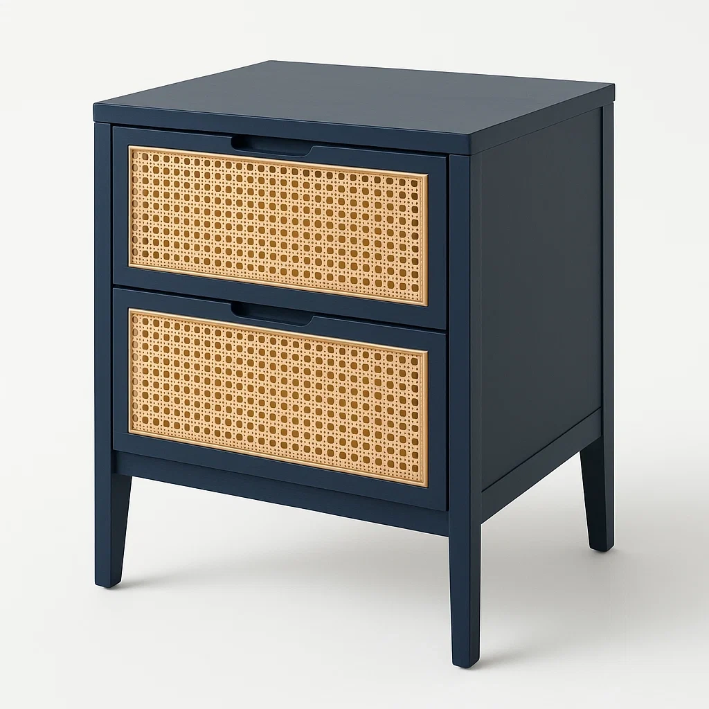 Comodino in rattan con cassetti e struttura in legno-Divanimo