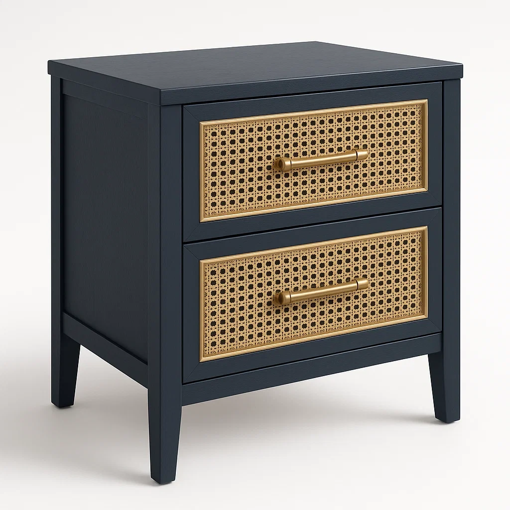 Comodino in rattan con cassetti e maniglie in metallo-Divanimo