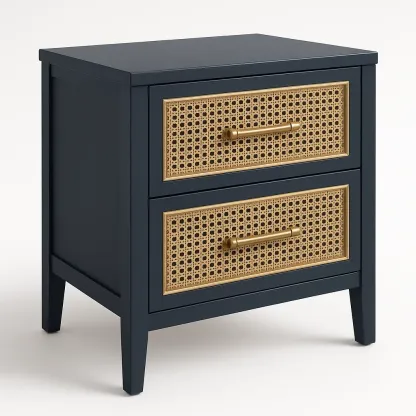 Comodino in rattan con cassetti e maniglie in metallo-Divanimo