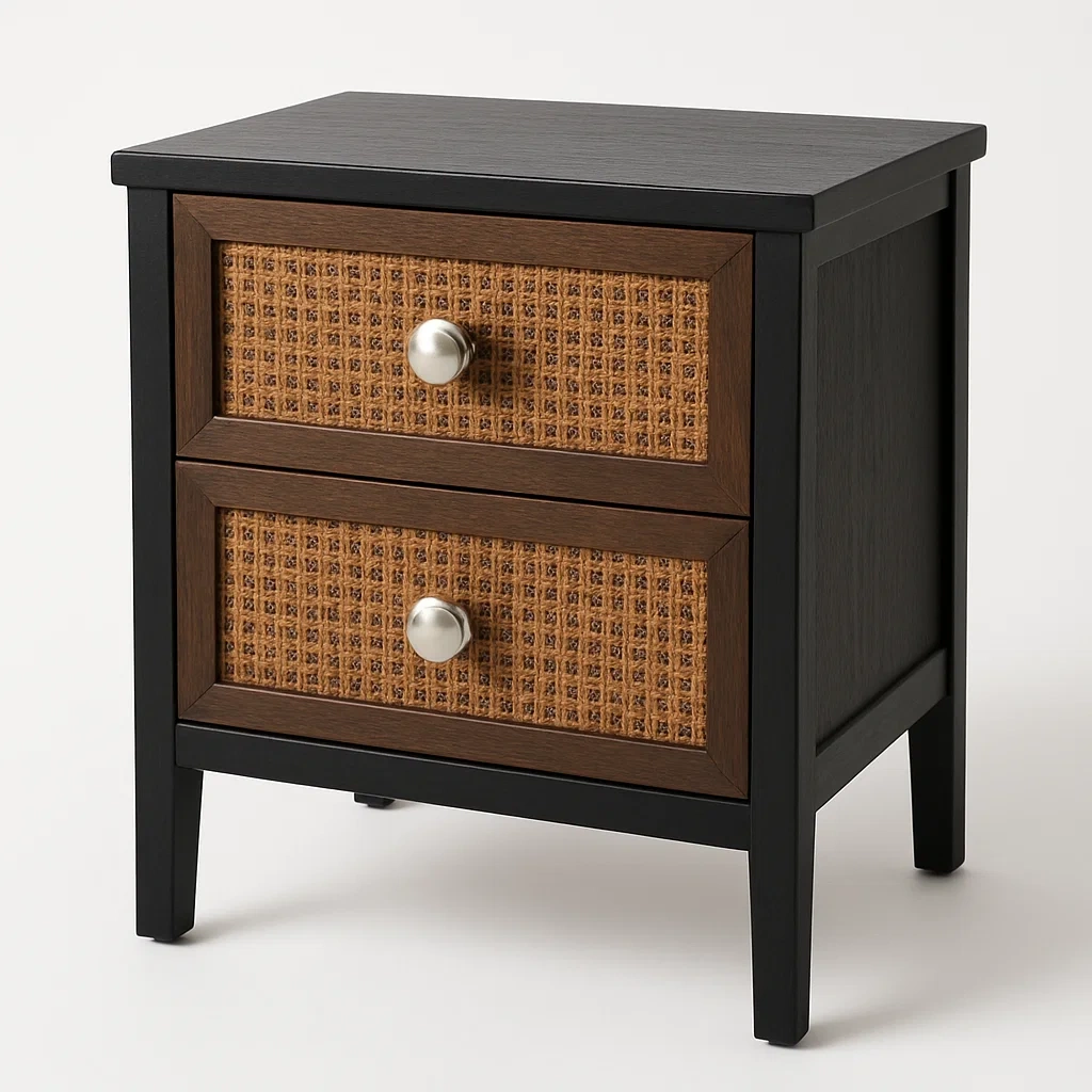 Comodino in rattan con cassetti e struttura in legno colore Nero Legno scuro 8 kg-Divanimo