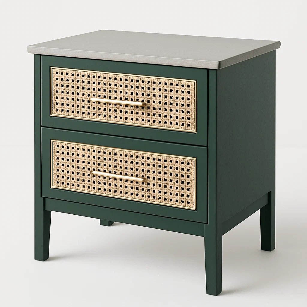 Comodino in rattan con cassetti e piano in legno-Divanimo