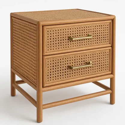Comodino in rattan con due cassetti e struttura in legno-Divanimo