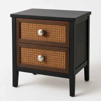 Comodino in rattan con cassetti e struttura in legno colore Nero Legno scuro 8 kg-Divanimo