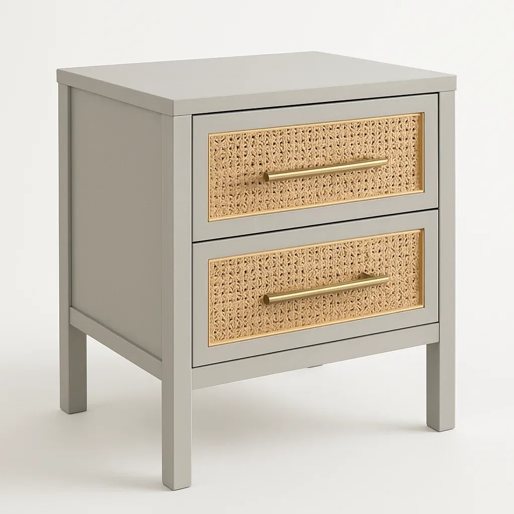 Comodino in rattan con cassetti e struttura in legno colore Grigio Naturale 13 kg-Divanimo