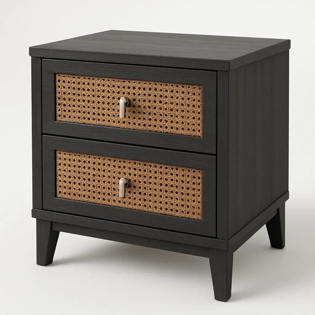 Comodino in rattan con due cassetti e struttura in legno colore Nero Marrone 7 kg-Divanimo
