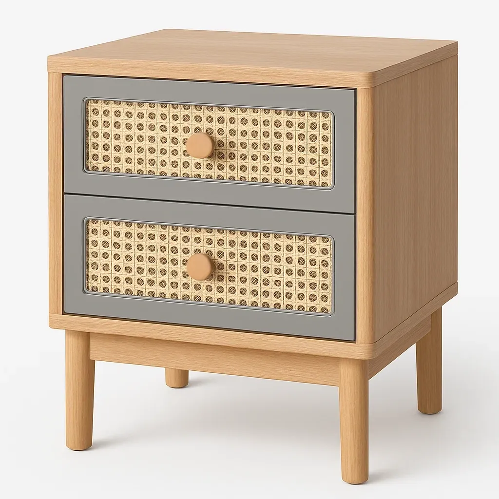 Comodino in rattan con due cassetti colore Rovere Grigio 8 kg-Divanimo