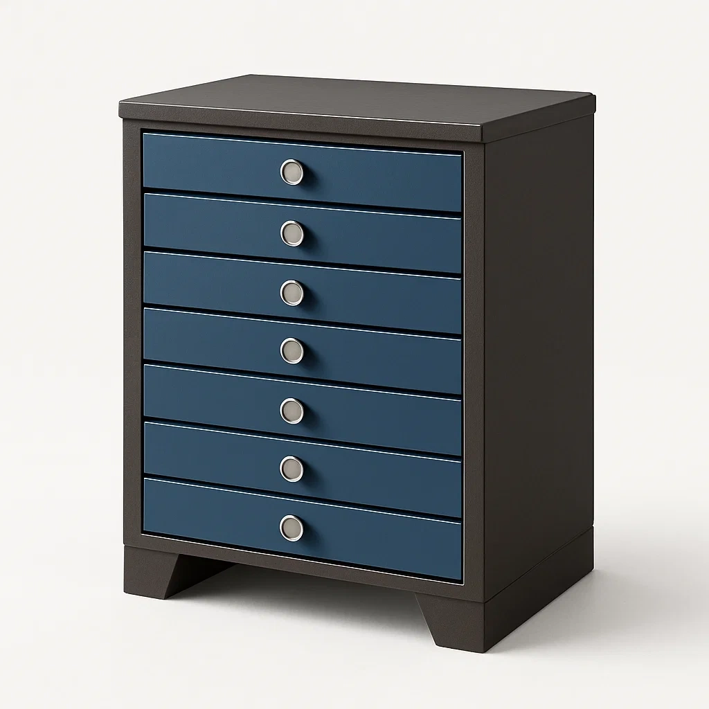 Cassettiera da camera da letto in legno con sette cassetti Nero Blu-Divanimo