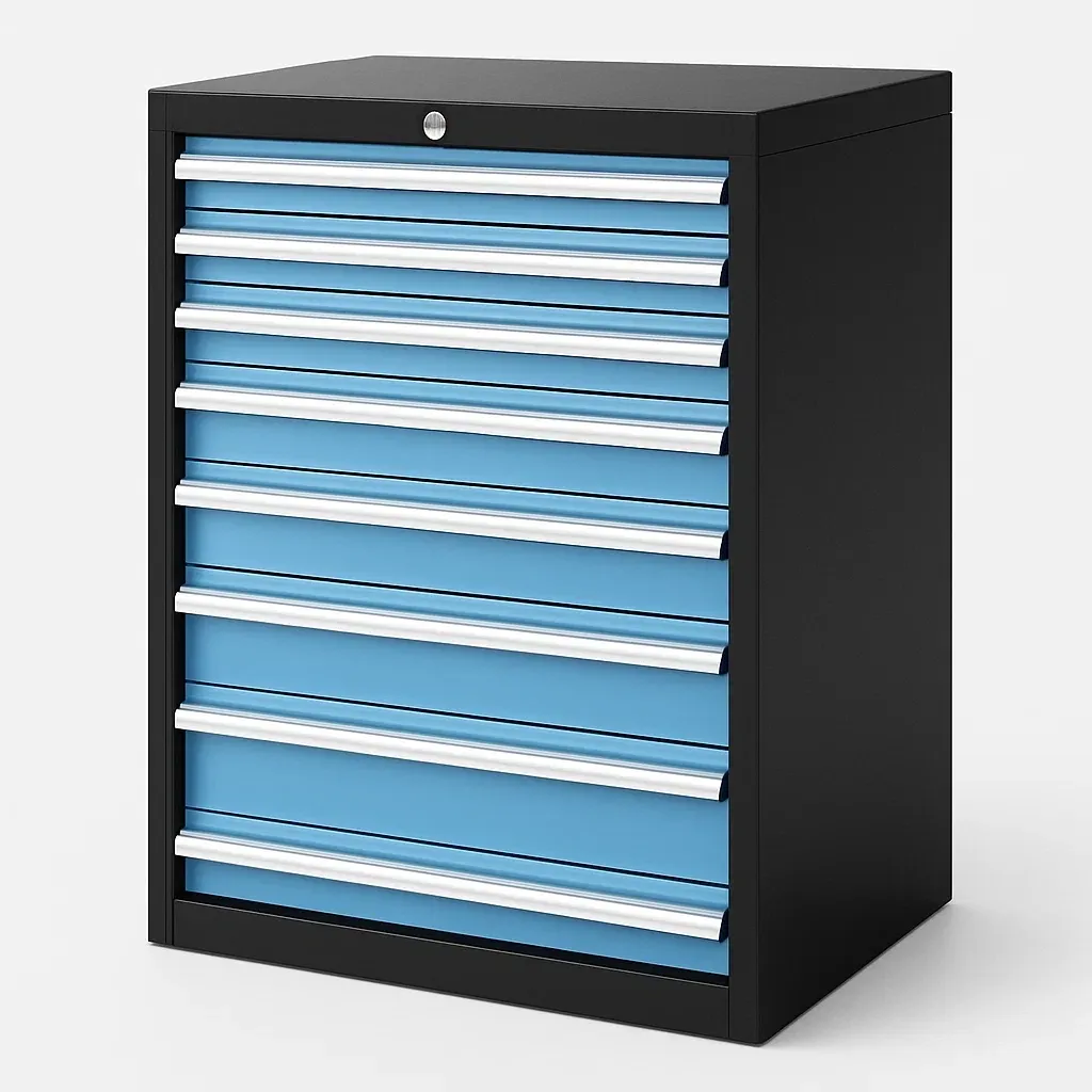 Armadietto porta attrezzi con cassetti in metallo nero blu con serratura-Divanimo