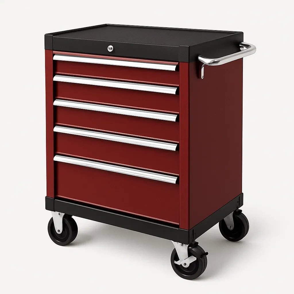 Carrello porta attrezzi mobile in acciaio con cinque cassetti Rosso Nero-Divanimo
