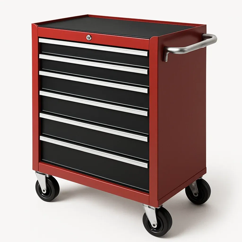 Carrello porta attrezzi mobile in acciaio con sei cassetti rosso nero-Divanimo
