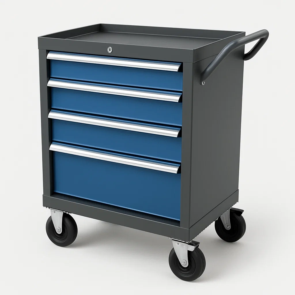 Carrello porta attrezzi mobile in acciaio con quattro cassetti e ruote-Divanimo
