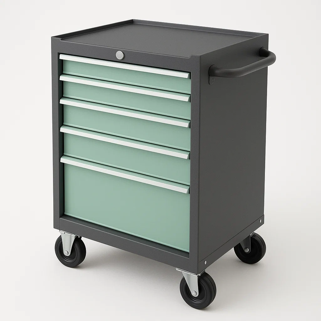 Carrello porta attrezzi mobile in acciaio con cinque cassetti grigio verde-Divanimo