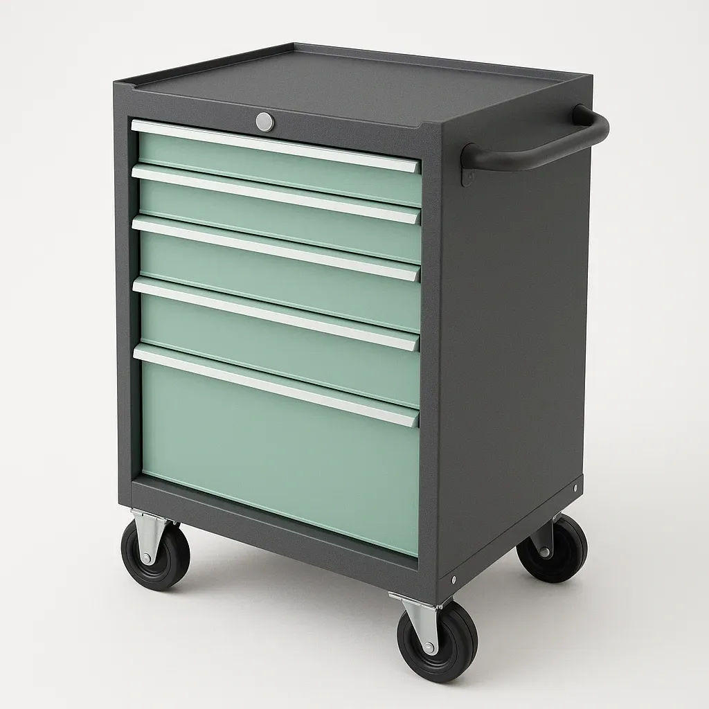 Carrello porta attrezzi mobile in acciaio con cinque cassetti grigio verde-Divanimo