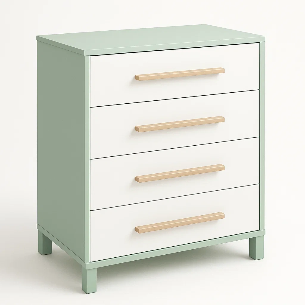 Cassettiera da camera da letto in MDF con quattro cassetti colore Verde Bianco-Divanimo