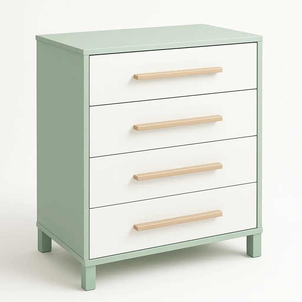 Cassettiera da camera da letto in MDF con quattro cassetti colore Verde Bianco-Divanimo