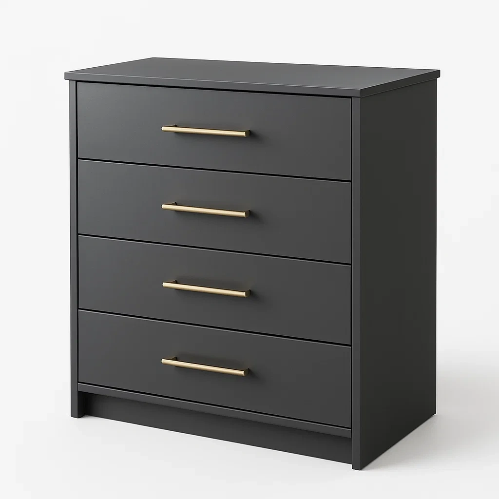 Cassettiera da camera da letto in MDF con quattro cassetti Nero Dorato-Divanimo