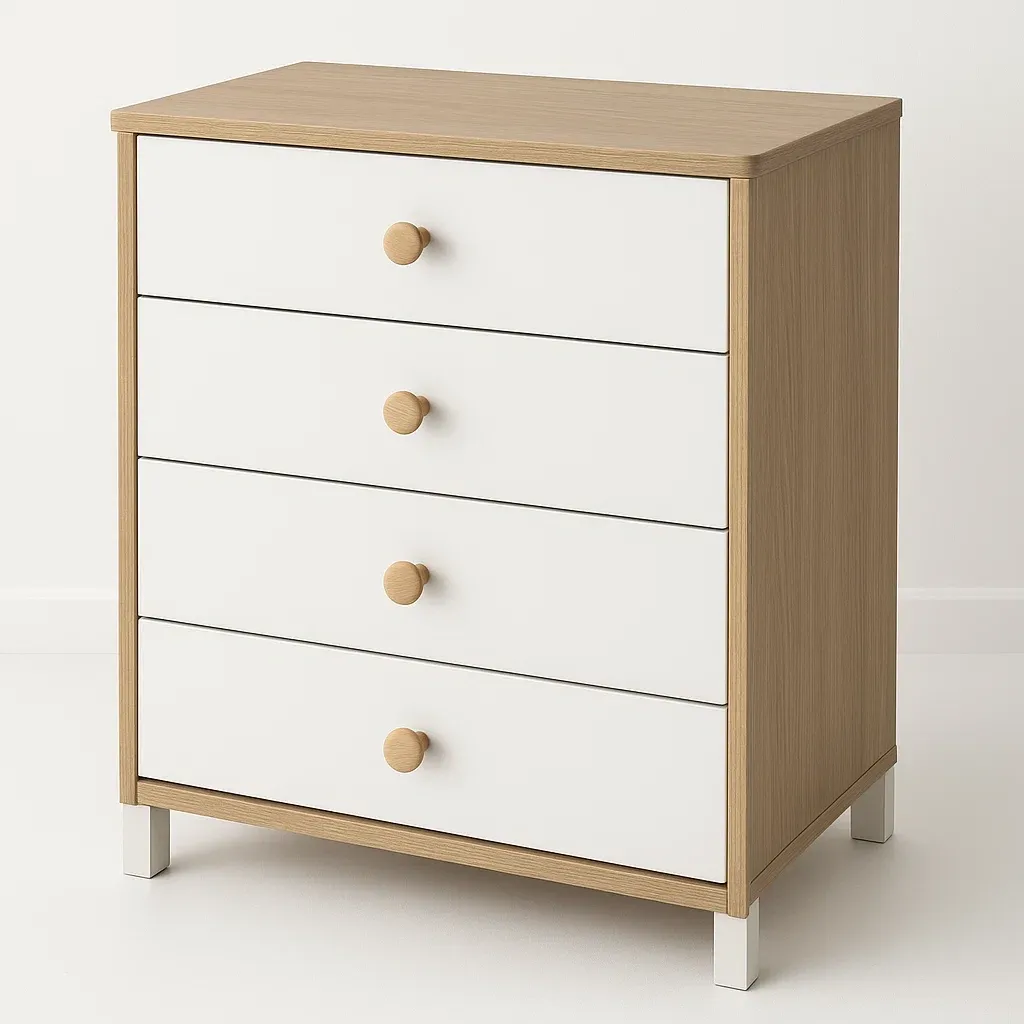 Cassettiera da camera da letto in legno MDF con quattro cassetti colore legno chiaro e bianco-Divanimo