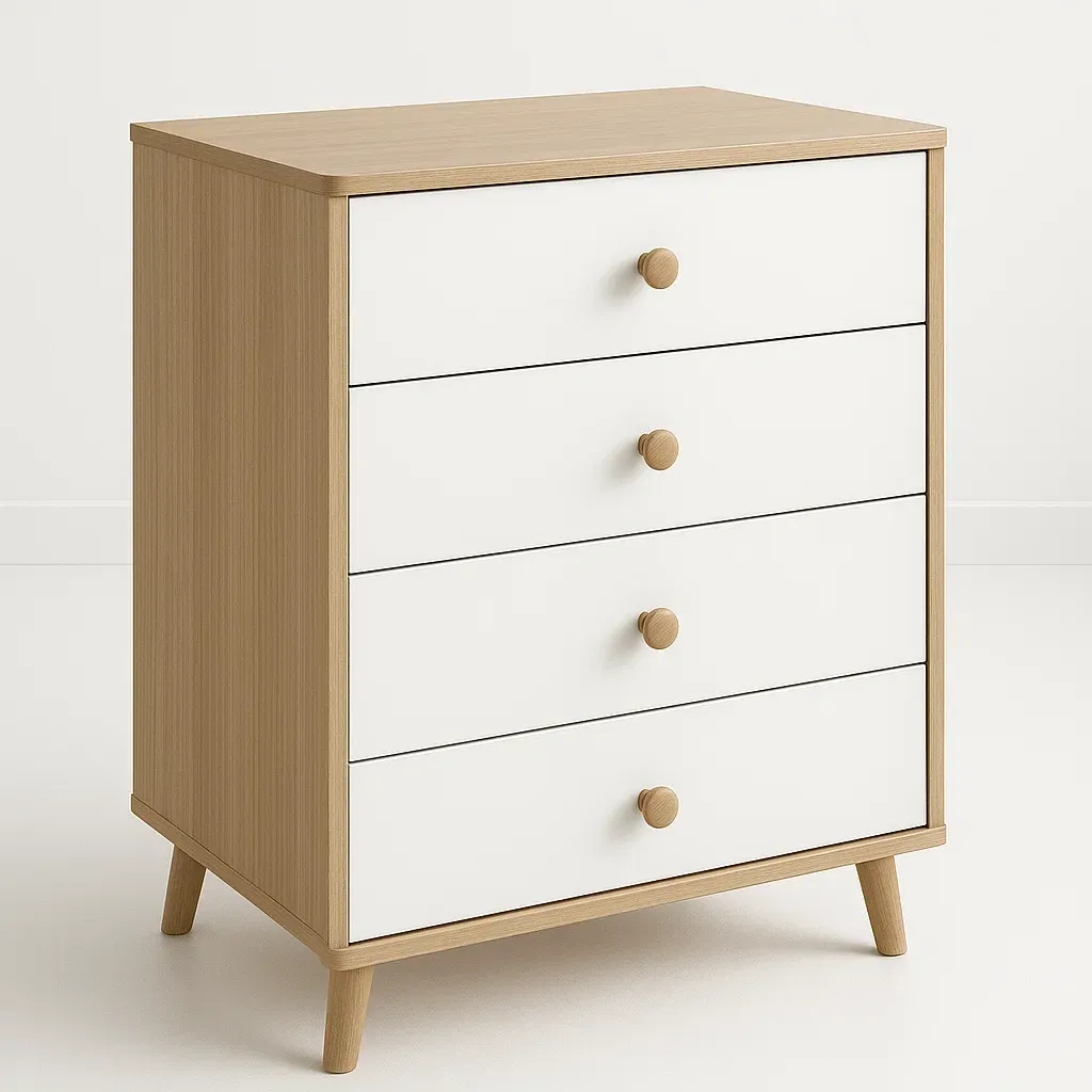 Cassettiera da camera da letto in legno con quattro cassetti colore legno chiaro e bianco 25 kg-Divanimo