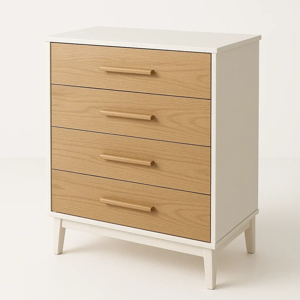 Cassettiera da camera da letto in legno composito con quattro cassetti Bianco Rovere naturale 25 kg-Divanimo