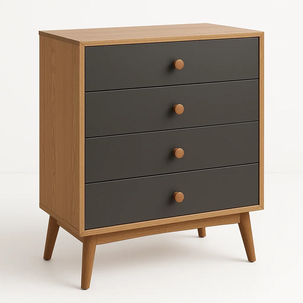 Cassettiera da camera da letto in legno e MDF con quattro cassetti colore rovere scuro nero-Divanimo