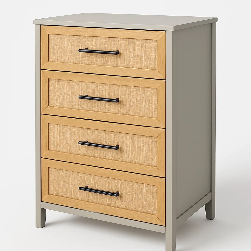 Cassettiera da camera da letto con struttura in legno e quattro cassetti Grigio Naturale 25 kg-Divanimo