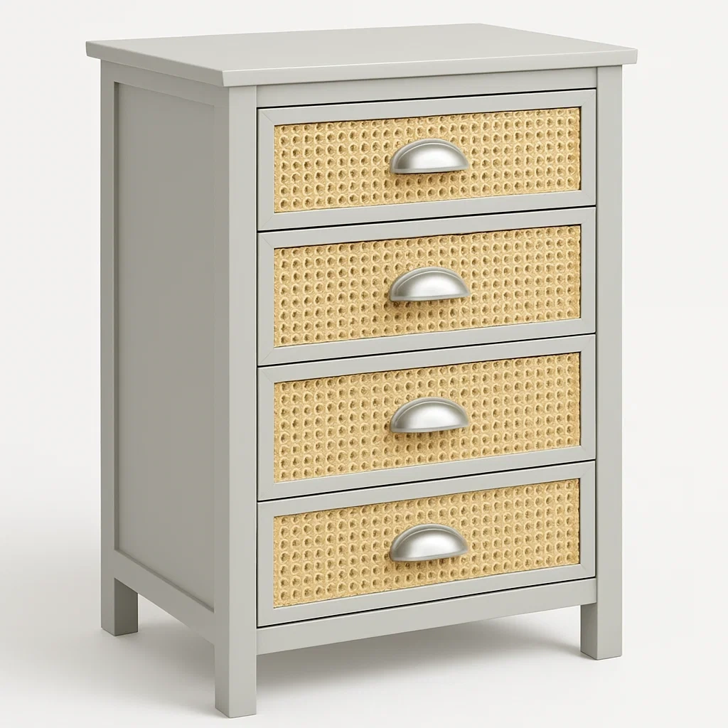 Cassettiera in rattan intrecciato con struttura in legno e quattro cassetti Grigio Naturale 8.5 kg-Divanimo